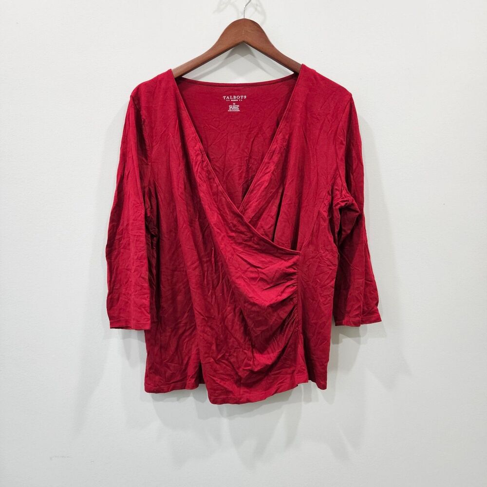 Talbots Women Faux Wrap Top Plus Size 1X Pink 3/4 Sleeves Barbiecore Minimalist